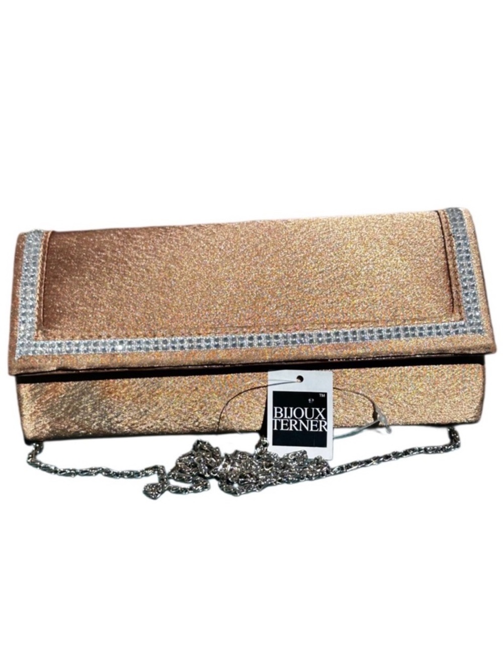 Bijoux Terner Rose Gold Rhinestone Trim Fold-Over Clutch silver Crossbody strap